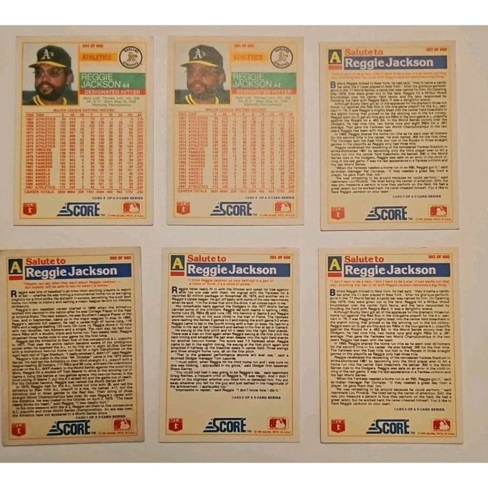 1988 Score Inserts Reggie Jackson Lot of 6 #500, 501 (2) #502 (2) #500 & #501
